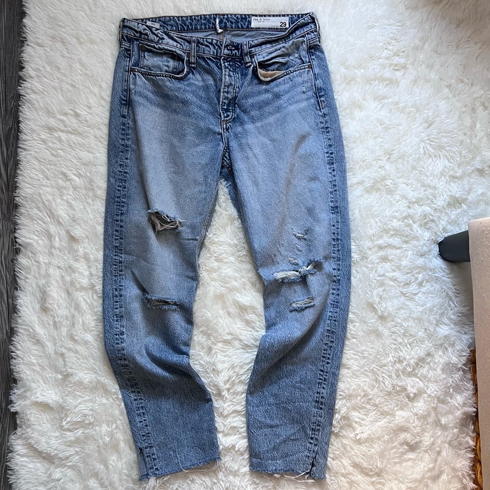rag & bone Light Blue Distressed Straight Leg Jeans